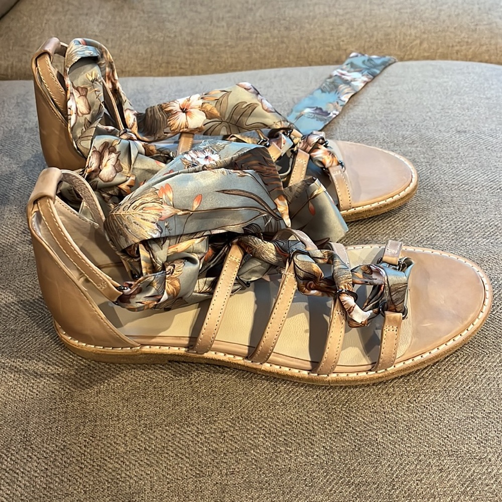 Anthropologie I Tan Leather Sandals with Silk Wraptie